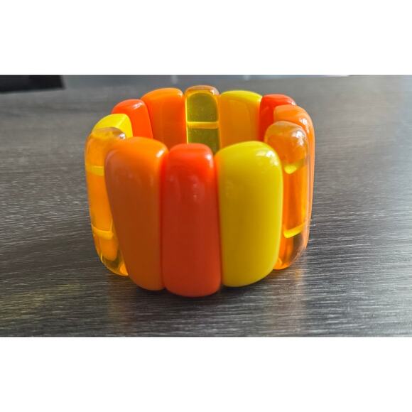 Vintage 1960s Orange Yellow Lucite 2" Wide Stretchy Bangle Bracelet - Picture 4 of 7